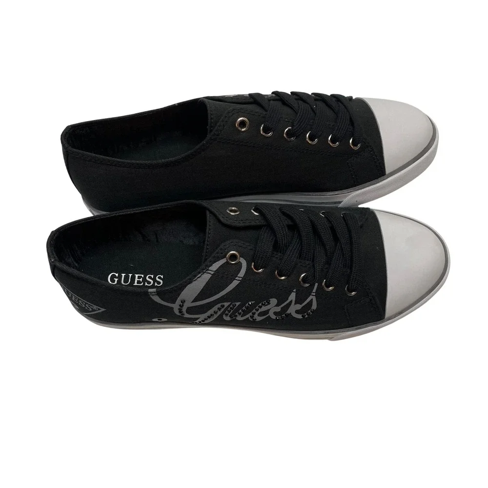 Guess Womens Black Canvas Rhinestone Logo Low Top Sneakers White Toe Cap 10 NIB‎
